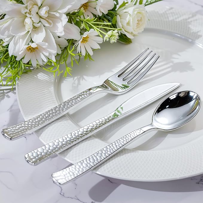 WELLIFE 300PCS Silver Plastic Silverware,Pre Rolled Silverware Set Disposable,Hammer Pattern Design,Disposable Cutlery Includes: 75 Forks, 75 Knives, 75 Spoons, 75 Napkins,Christmas Utensils