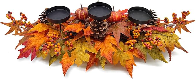 Thanksgiving Centerpiece Fall Table Decorations, Artificial Gourd, Pumpkins, Pine Cones, Maple Leaves and Berries Harvest Table Candle Holder for Dinning Table, Fireplace Mantel (Candle Not Included)