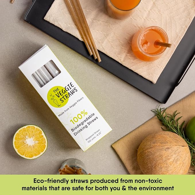 – 100 PCS of 8.25 Inches Individually Wrapped Biodegradable Straws – Made of Vegetable Fibers, Best Environment Friendly Drinking Straws for Hot and Cold Beverages