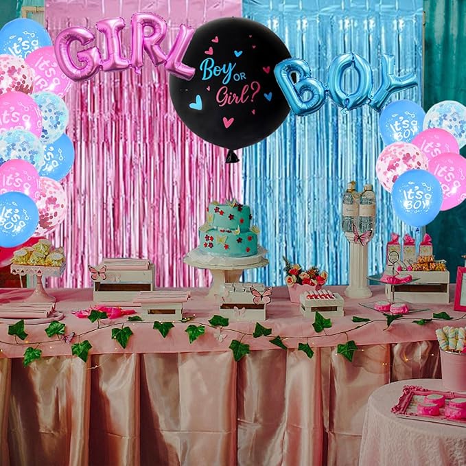 Boy Or Girl Gender Decorations - Pink And Blue Balloons With Fringe Curtains For Gender Reveal Party Photo Backdrop