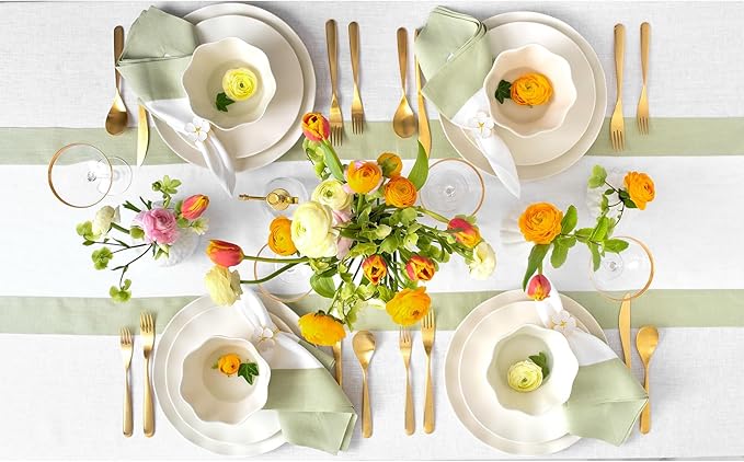 Solino Home Linen Table Runner 108 Inches Long - 100% Pure Linen Sage Green and White Dining Table Runner 14 x 108 Inch for Fall, Autumn, Christmas, Winter, New Year - Contempo
