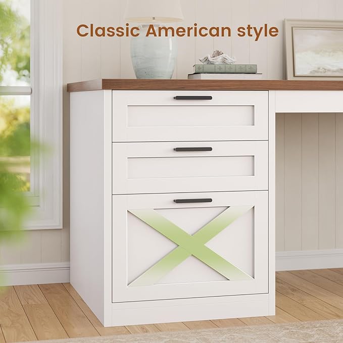 SEDETA Farmhouse 67" L Shaped Desk with 3 Drawers, White Corner Computer Desk with Storage Shelves, Home Office Desks with Power Outlets,Executive Desk for Home Office, White and Brown
