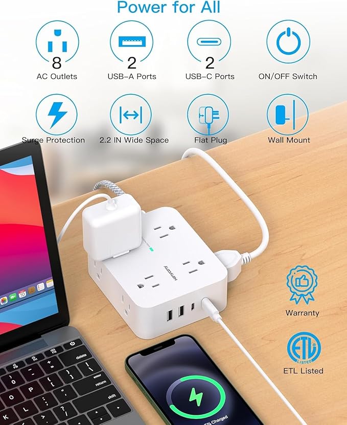 Extension Cord 15 Ft, HANYCONY 1080J Surge Protector Power Strip Long Cord with 8 AC Outlets and 4 USB Ports (2 USB-C), Wall Mount, Desk Charging Station for Home Office College Dorm Room Essentials