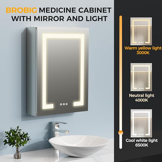 New LED Bathroom Mirror 20 * 30 Stepless Dimmable Wall Mirrors with Anti-Fog, Shatter-Proof, Memory, 3 Colors, Memory Function, Water Proof, Decor Vanity Mirror