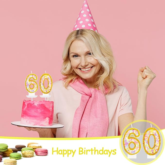 60th Birthday Candle for Women/Men, Golden Macaron Numeral Candles, Birthday Party Cake Decorations, Cake Topper for Birthday Party Supplies (Number 60)