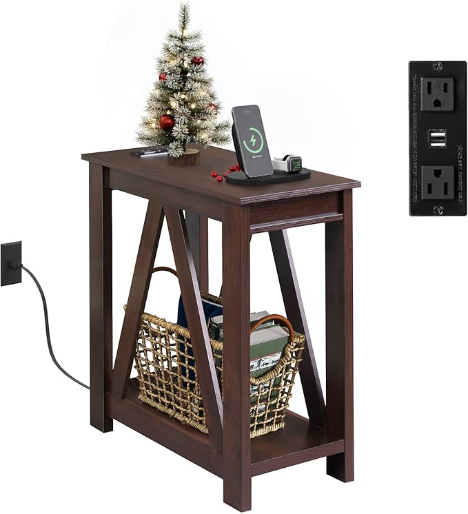 WLIVE Narrow End Table with Charging Station of Open Storage Shelf,Sofa Side Table with 2 USB Ports and 2 Power Outlets,Slim Farmhouse End Table for Small Spaces, 11.8" D x 23.6" W x 23.74" H