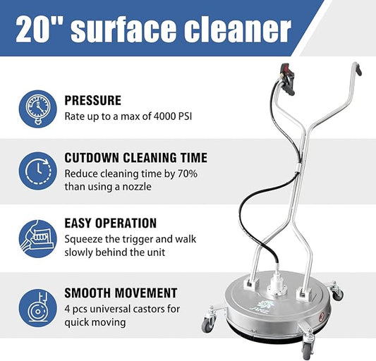 janz 20" Pressure Washer Surface Cleaner with 4 Wheels,Dual Handle,Stainless Steel Housing, 4 Replacement Nozzles and 2 Hose Adapters,Ideal for Driveways, Sidewalks,Patios,Decks Cleaning