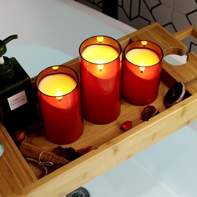 NURADA Flameless Candles with Remote Timer: 3D Wick Battery Operated Led Pillar Fake Candle Set for Wedding Birthday Valentine's Day Christmas Decorations - Red 3 Pack