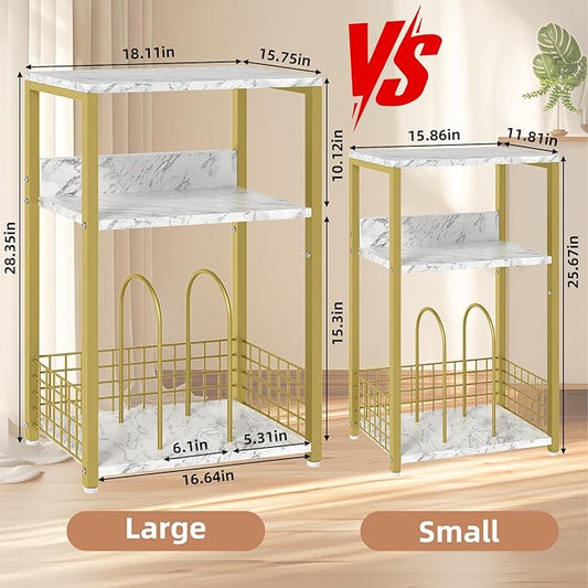 LELELINKY Large White Marble Record Player Stand with Golden Metal Frame, 3 Tier 18" Wide Big End Table with Vinyl Storage Up to 130 Albums, Industrial Turntable Printer Tables for Living Room, Office