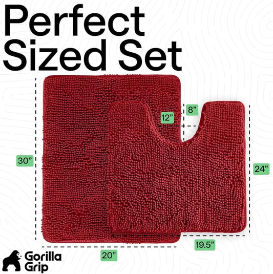 GORILLA GRIP Bathroom Rug Sets, Soft Chenille 2 Piece Area Rugs Set, Toilet Base Mat and 30x20 Carpet, Absorbent Microfiber Washable Mats Dry Quickly, Home Décor and Bath Room Accessories, Red