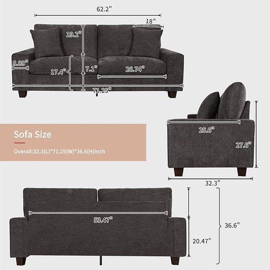 DOPEDIO Modern Loveseat Sofa for Living Room,Chenille Recliner, Removable Cover, Spring Cushions, Solid Wood Frame, Easy Assembly for Small Spaces (71.25inch,Dark Grey)