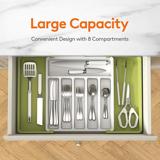 Lifewit Silverware Drawer Organizer, Expandable Utensil Tray for Kitchen, BPA Free Flatware and Cutlery Holder, Adjustable Plastic Storage for Spoons Forks Knives, 13-22 x 15", Green&White