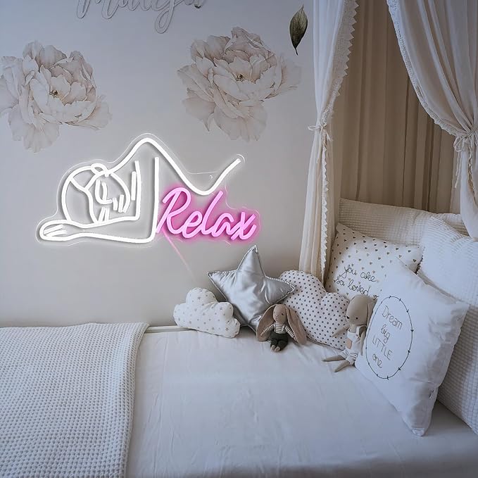 Dimmable Relax Neon Sign Led Woman Relax Neon Light for Wall Decor White Pink Lady Body Neon Wall Light Up Sign for Beauty Salon Massage Shop Ladies Room Decor Gifts for girls (16.7‘’*8.7‘’USB)
