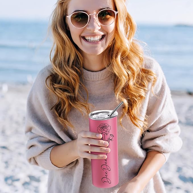 Personalized 20 Oz Stainless Steel Skinny Tumblers with Birth Flower & Name, 24 Colors - Perfect for Birthdays, Anniversaries, and More