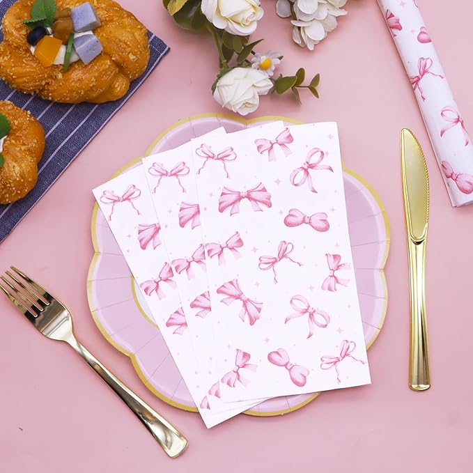 100 Pcs Pink Bow Napkins - Decorative Disposable Bow Paper Napkins for Wedding Bridal Shower Bachelorette Birthday Girl Party Supplies