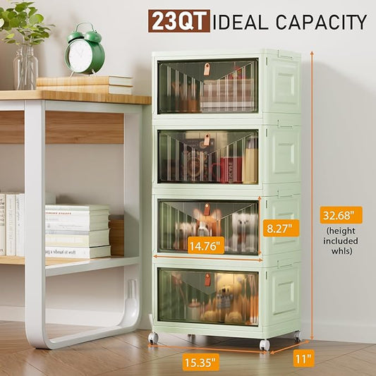 4 Tier Stackable Plastic Storage Bins with Lid and Wheels - 23 QT Storage, Foldable Storage Containers, Organization and Storage Boxes for Craft, Home, Pantry, Dorm, Green