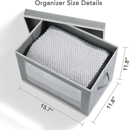 Large Storage Baskets Bins with Lids - Stackable Cube Bins for Closet, 3 Pack Grey Windows Organizer Bins, Home Organizers and Storage for Clothes, CD, Towels