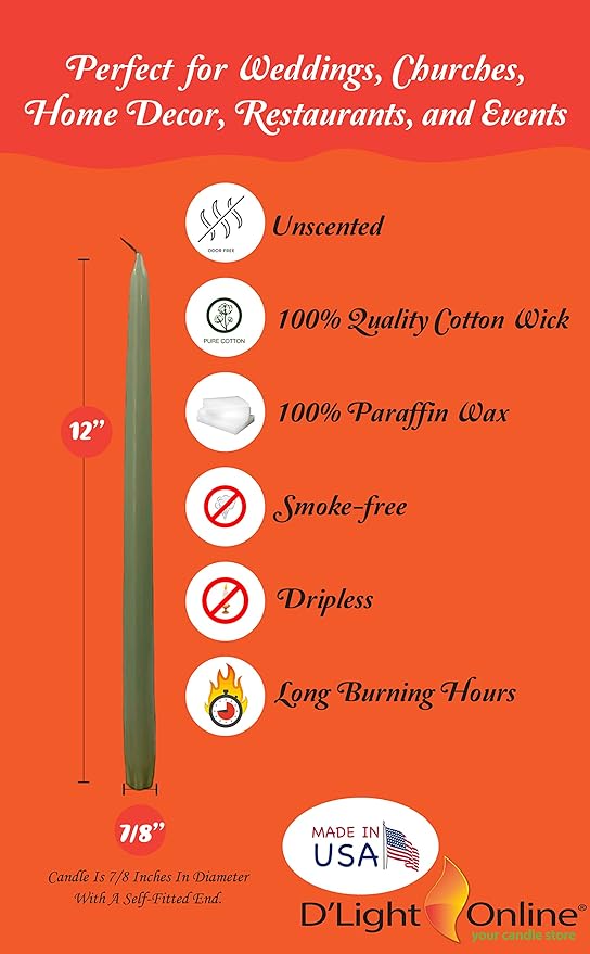 D'light Online Elegant 12" Holiday Unscented Taper Candle for Christmas - Premium Quality Candles Hand-Dipped Tapered Candles, Dripless and Smokeless - Set of 12 (12 Inch, Rustic Christmas)