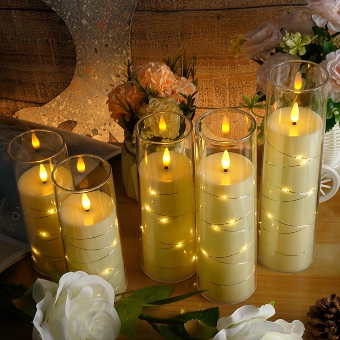 Flameless LED Candles with Timer 5 Pc Flickering Flameless Candles for Romantic Ambiance and Home Decoration Stable Acrylic Shell,with Embedded Star String,Battery Operated Candles(Ivory)