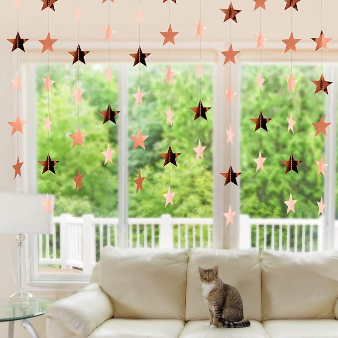 Patelai Glitter Star Garland Banner Christmas Decor 130 Feet Star Hanging Bunting Banner Twinkle Backdrop for Homecoming Classroom Wedding Birthday Halloween Party Supplies(Rose Gold)
