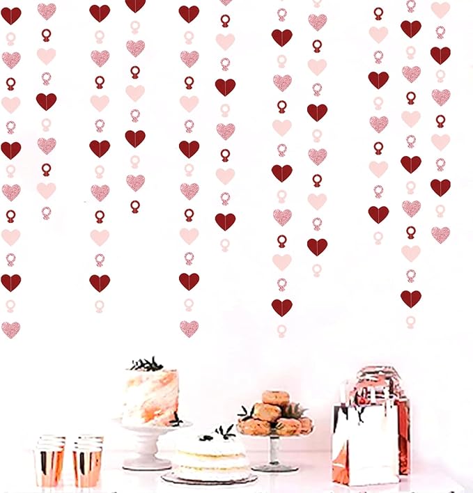 Rose-Gold Pink Burgundy-Red Heart-Ring Garland - 52Ft Engagement Bachelorette Party Decorations Wedding Paper Streamers Banner, Galentines Proposal Decor Lasting Surprise