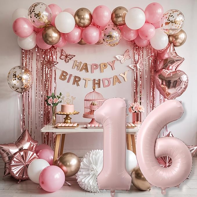 Light Pink Sweet 16th Birthday Balloon for Girls, 40 Inch Self Inflating Mylar Number 16 Balloons, Big Blush Pastel Pink Foil 1 & 6 Helium Balloon 16 for Women Coquette 16th Birthday Party Decorations