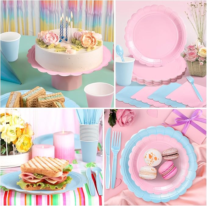Vyntra 350 PCS Disposable Plates for Party, Paper Plates & Napkins Set with Cups, Knives, Forks, Spoons, 7'' Dessert and 9'' Dinner Plates for Gender Reveal, Baby Shower - Pink and Blue