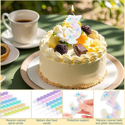 Number Birthday Candle with 12PCS Spiral Candles and A Birthday Card - Perfect for Celebrating Birthdays (Macaron Glitter, Number 3)