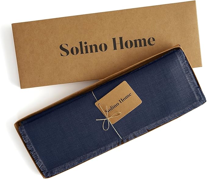 Solino Home Linen Navy Blue Placemats Set of 4-100% Pure Linen Placemats 14 x 19 Inch for Fall, Autumn, Christmas, Holiday, Winter, New Year - Fringe