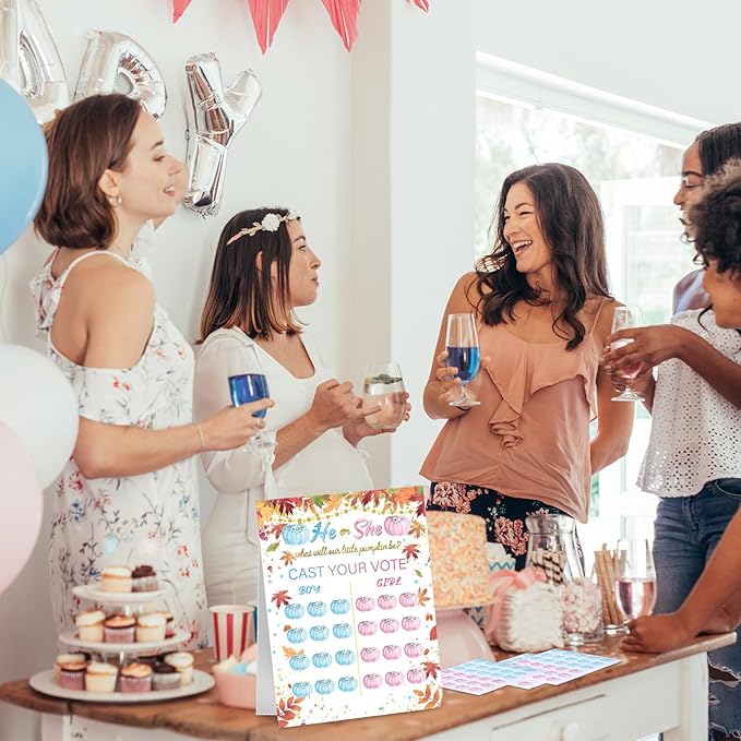 Poen Gender Reveal Board with Stand What Will Our Be Gender Reveal Game with 60 Pcs Voting Stickers for Cast Your Vote Guess Game Baby Shower(Warm)