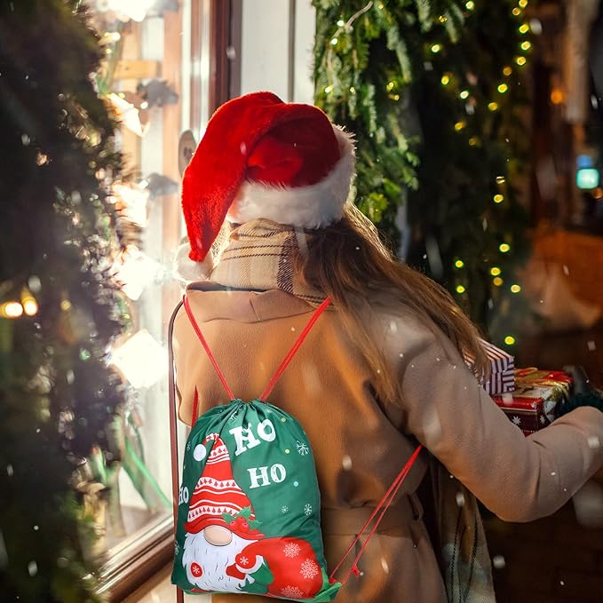 12 Pcs Christmas Party Favors Bags for Kids Drawstring Backpack Santa Claus Goodies Snack Treat Gift Bags Presents Wrapping for Xmas Winter Holiday Birthday Party (13.2 x 16.3 Inch)