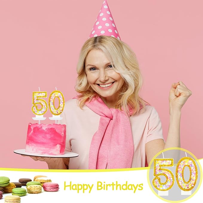 50th Birthday Candle for Women/Men, Golden Macaron Numeral Candles, Birthday Party Cake Decorations, Cake Topper for Birthday Party Supplies (Number 50)