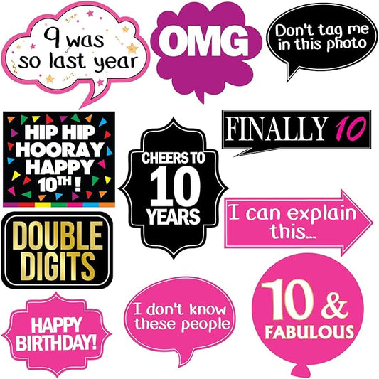 10th Birthday Photo Booth Party Props - 40 Pieces - Funny 10th Birthday Party Supplies, Decorations and Favors