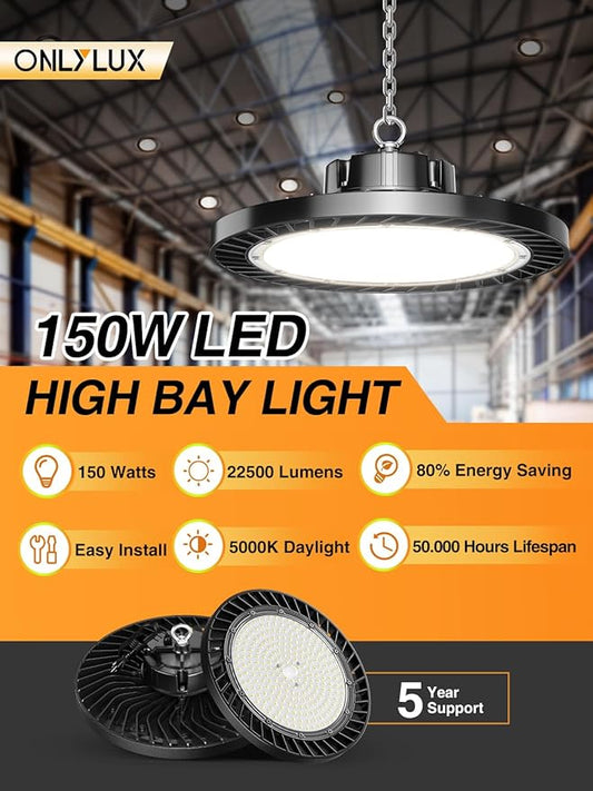 12 Pack UFO LED High Bay Light, 150W 5000K Daylight, 22500LM (Eqv. 800W MH/HPS), Commercial High Bay LED Shop Lights with US Plug for Garage Workshop Warehouse Barn, Plug&Play
