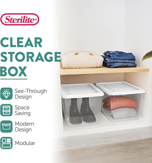 Sterilite 16 Pack Storage Box, 20 Quart Stackable Tote, Clear Plastic Container with Secure Snapping Lids for Home and Office Organization, White
