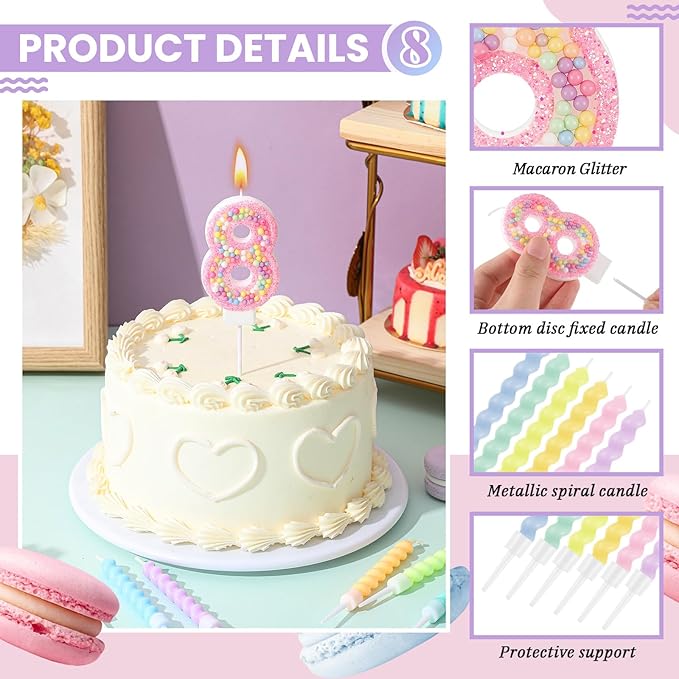 MTLEE Number 8 Birthday Candle with 12 Pcs Spiral Candles for Girls Macaron Pastel Rainbow Unicorn Pink Cake Topper for Sweet Theme Party Decoration
