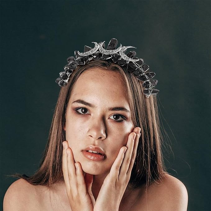 Black Natural Crystal Tiara Headband, Quartz Rhinestone Crown Goddess Halloween Masquerade Party Headwear for Women Girls