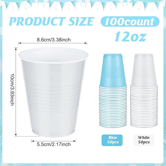 100 Pcs Blue and White Plastic Cups 12 oz, Bulk Light Blue Disposable Party Graduation Cups for Graduation Bachelorette Wedding Birthday Baby Shower Bridal Theme Party Supplies Decorations
