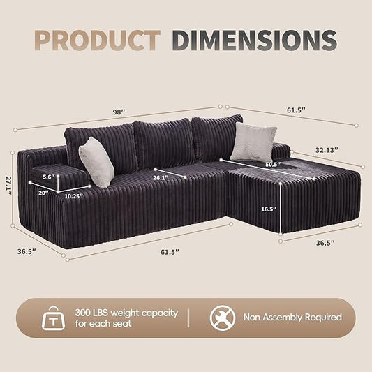 Modular Sectional Sofa Couches L-Shape Couch 3 Seat Modular Sofa Memory Foam Sectional Couches for Living Room, Cloud Couch with Oversized Chaise (Grey Stripe, 98" Right Facing Chaise)