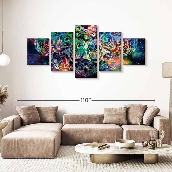 ElephantStock - Celestial Mandala Wall Art - Horizontal Multi Panel Canvas - 5 Piece Living Room Wall Decor - Digital Art Elements Multi Piece Wall Art - Turquoise And Blue Decor - 92" x 42"