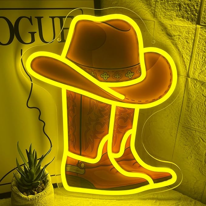 Cowboy Boot Neon Sign Cowboy Hat Neon Light 15.2”x13” Yellow Cowboy LED Sign for Wall Decor Dimmable Western Light Up Signs for Bedroom Game Room Man Cave Presents for Birthday Party Rodeo Enthusiast