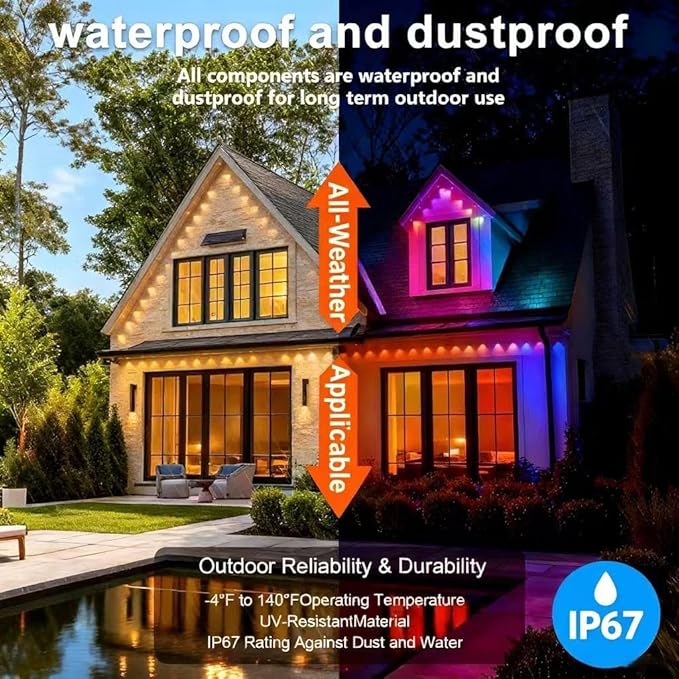 Permanent Outdoor Lights 50FT—Smart RGB Eave Lighting with App & Remote Control, IP67 Waterproof for House Exterior, Garden, Holiday, and Party Decor