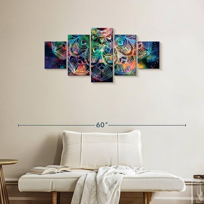 ElephantStock - Celestial Mandala Wall Art - Horizontal Multi Panel Canvas - 5 Piece Living Room Wall Decor - Digital Art Elements Multi Piece Wall Art - Turquoise And Blue Decor - 42" x 19"