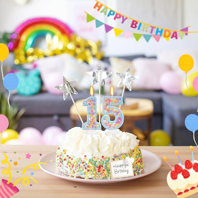 Blue Birthday Candles - Number 15 Candle, Colorful Macaron Candles, 15 Birthday Decorations for Girls Boys, Cake Decorations, Theme Party Supplies (Blue)