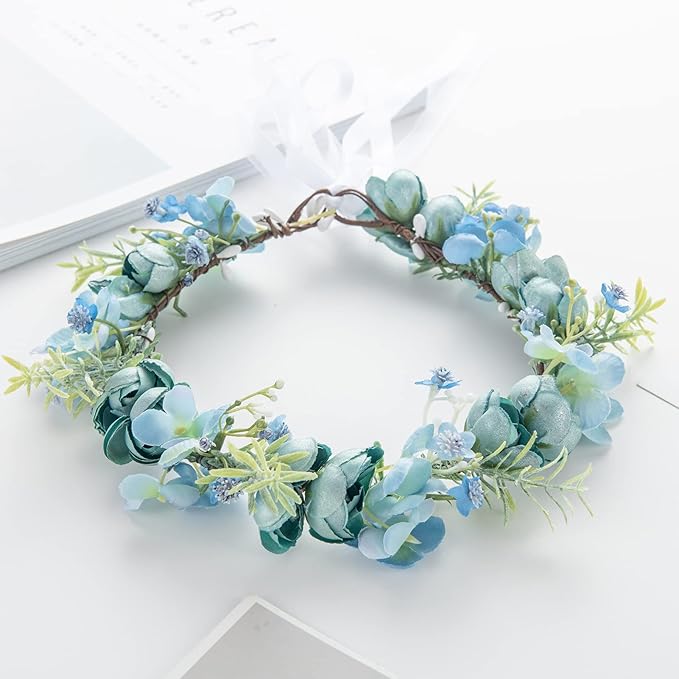 Vividsun Wedding Bridal Green Leaf Flower Crown Eucalyptus Floral Crown Maternity Photo Props (E/blue crown)