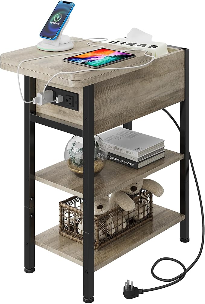 WLIVE End Table with Charging Station, Flip Top Narrow Side Table with Storage Shelf, Small Nightstand with USB Ports and Outlets,Bedside Table for Living Room, Bedroom,11.81" D x 23.62" W x 24.33" H