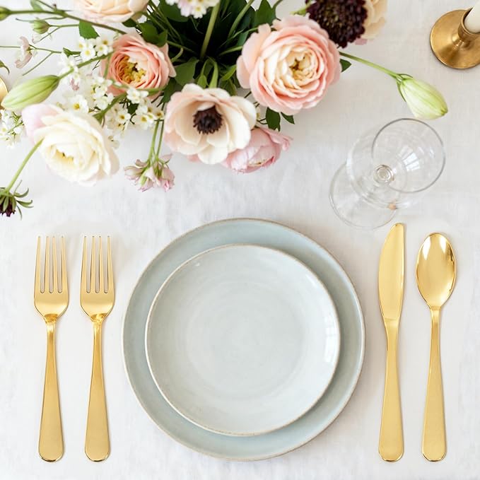 150 PCS Gold Plastic Silverware - Gold Plastic Flatware Disposable - Heavy Duty Disposable Utensils Sets Includes 50 Forks, 50 Spoons, 50 Knives for Christmas Party Wedding