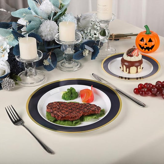 100PCS Halloween Plastic Plates Disposable Heavy Duty Include 50PCS 10.25inch Dinner Plates and 50PCS 7.5inch Dessert Plates Dinnerware for Halloween Party Wedding New Year,Dark Blue