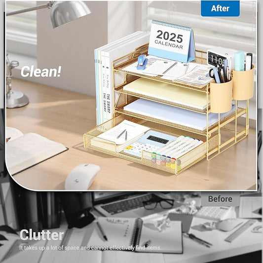 OPNICE Desk Organizer, 4-Tier Desktop File Organizer with Drawer and 2 Pen Holders, Office Desk Accessories, File Sorters, Workspace Organizers for Office Supplies(Gold)