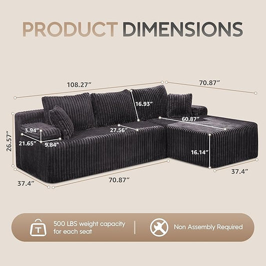 Hobestluk Modular Sectional Sofa Couches L-Shape Couch 3 Seat Modular Sofa Memory Foam Sectional Couches for Living Room, Cloud Couch with Oversized Chaise (108" Right Facing Chaise)